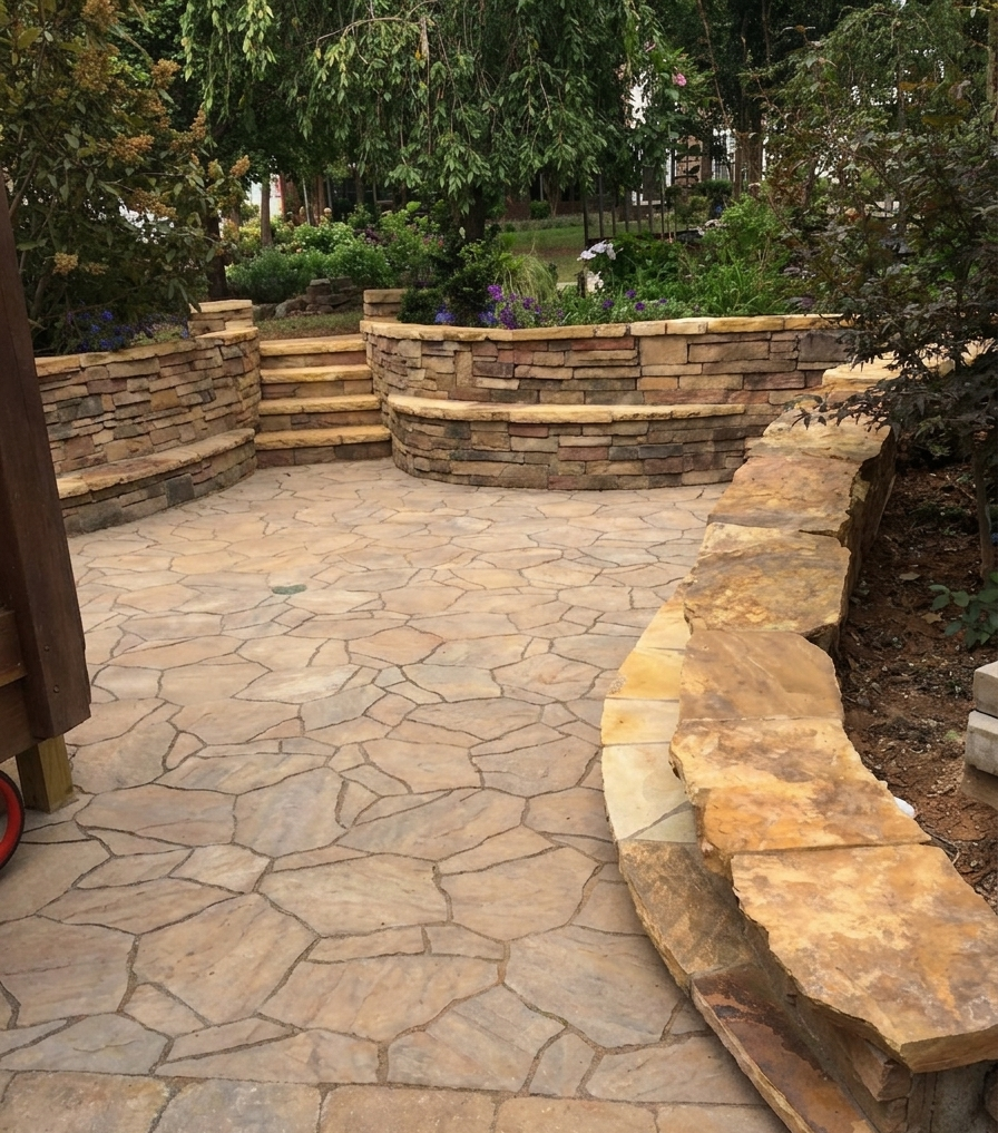 natural stone retaining wall with patio in greenville sc